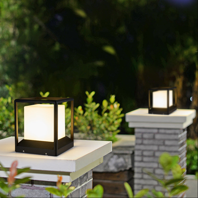 Waterproof LED Pillar Lamp Square Black Solar Outdoor Lights for Garden