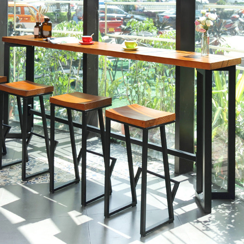 Modern Metal Base Bar Table Black Iron Solid Wood Patio Bar Table