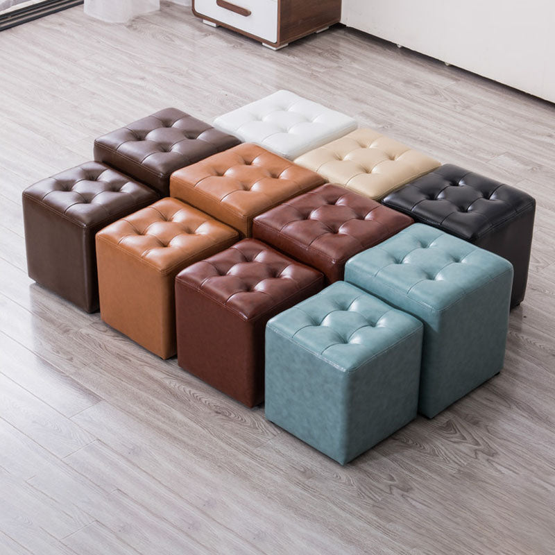 Modern Pouf Ottoman Genuine Leather Upholstered Tufted Solid Color Ottoman