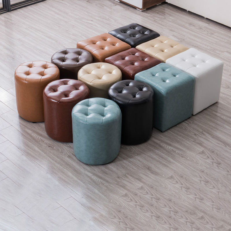 Modern Pouf Ottoman Genuine Leather Upholstered Tufted Solid Color Ottoman