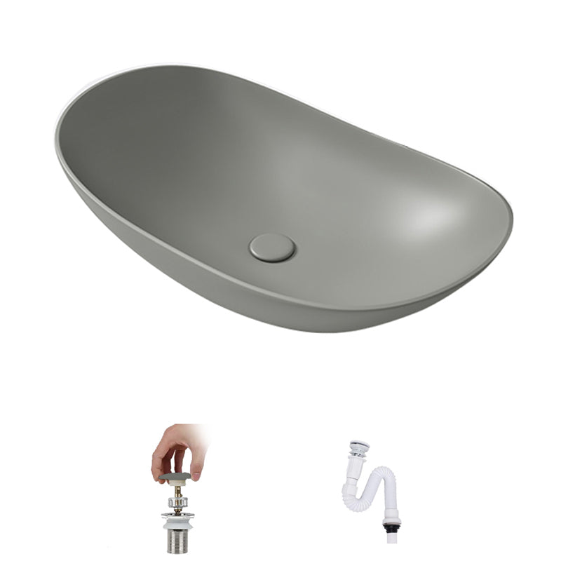 Contemporary Bathroom Sink Porcelain Oval-Shape Vessel Lavatory Sink with Pop-Up Drain