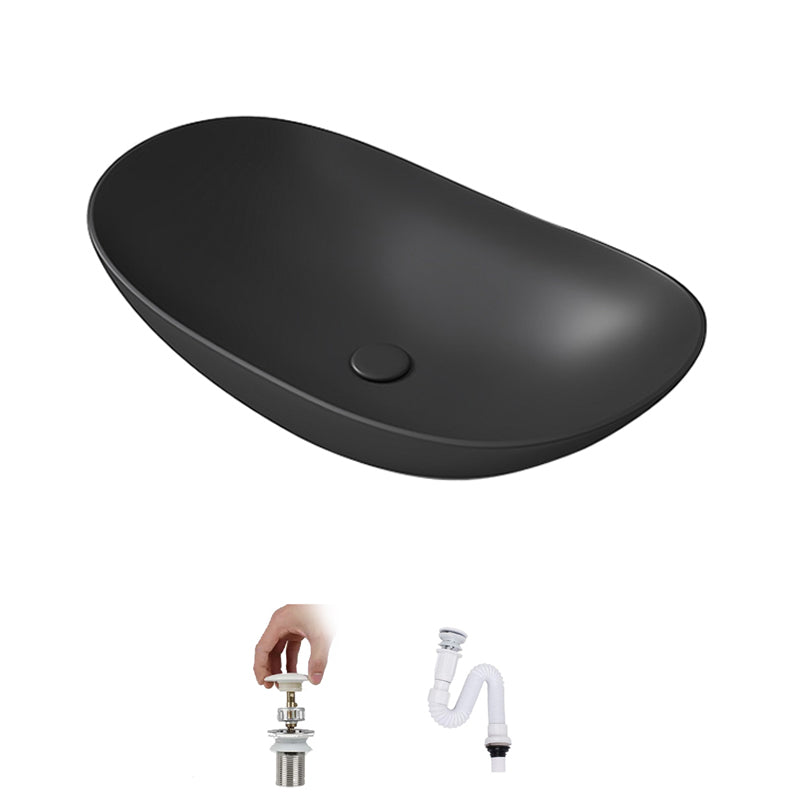 Contemporary Bathroom Sink Porcelain Oval-Shape Vessel Lavatory Sink with Pop-Up Drain