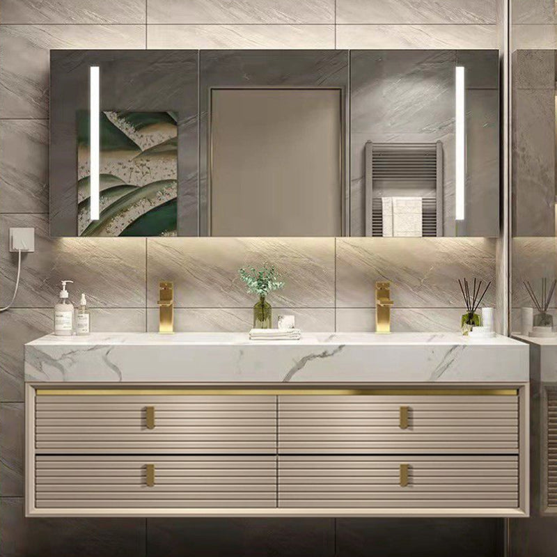 Glam Vanity Set Quartz Top Standalone Cabinet and Mirror Space Saver Vanity