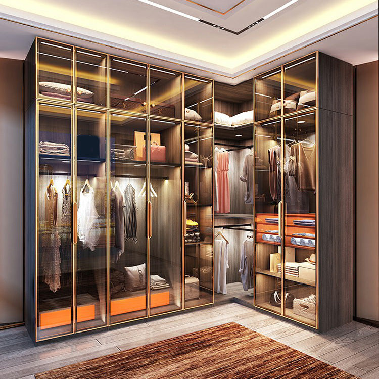 Black Wood Wardrobe with Glass Doors Modern Interior Storage Cabinet