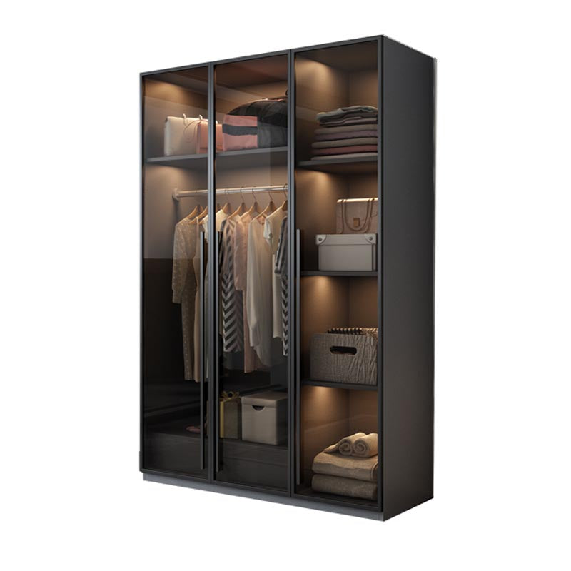 Modern Style Hinged Door Wardrobe for Bedroom Grey Cabinet with Glass Doors