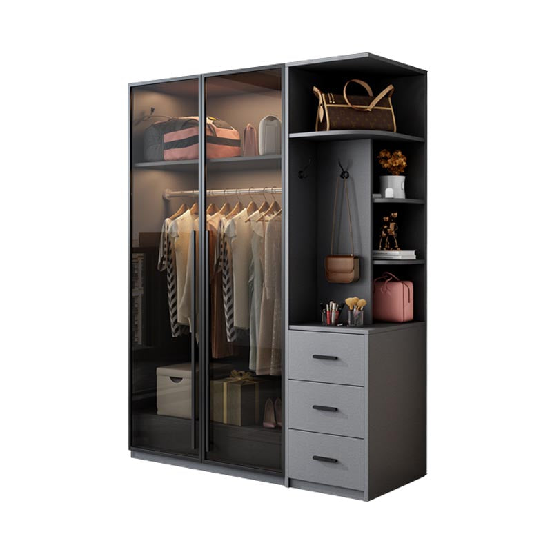 Modern Style Hinged Door Wardrobe for Bedroom Grey Cabinet with Glass Doors