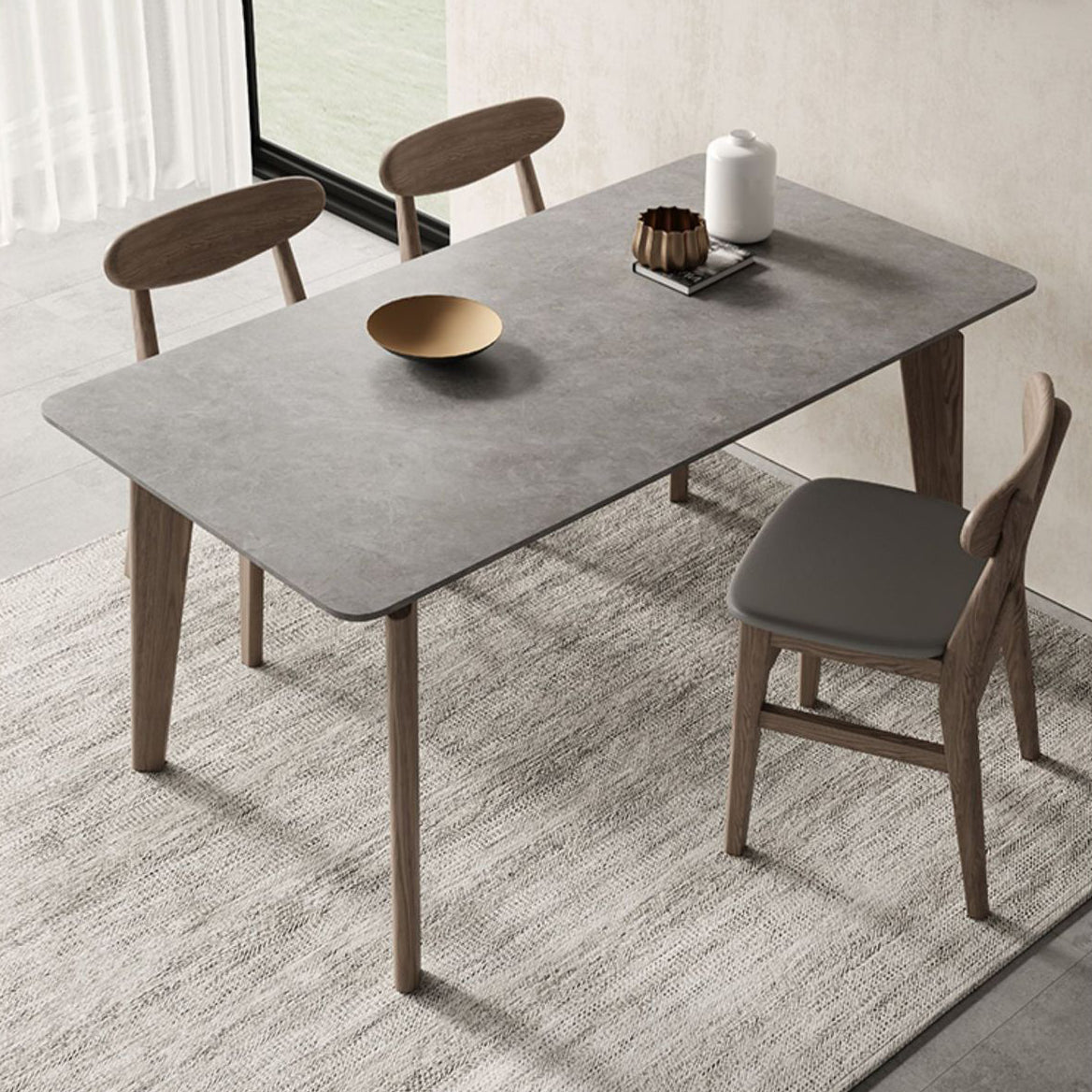 Modern Gray Stone Dining Table with Wooden Chairs 1/2/4/5/6 Pieces Dining Table Set