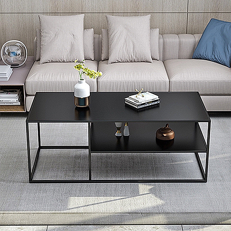 Black Finish Metal Rectangular Coffee Cocktail Table with Storage Shelf