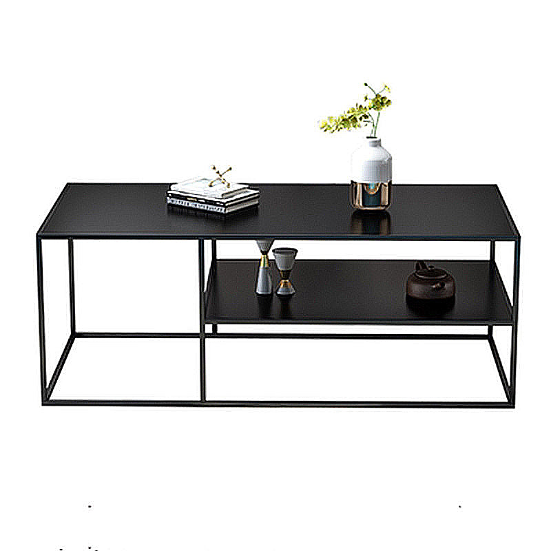 Black Finish Metal Rectangular Coffee Cocktail Table with Storage Shelf