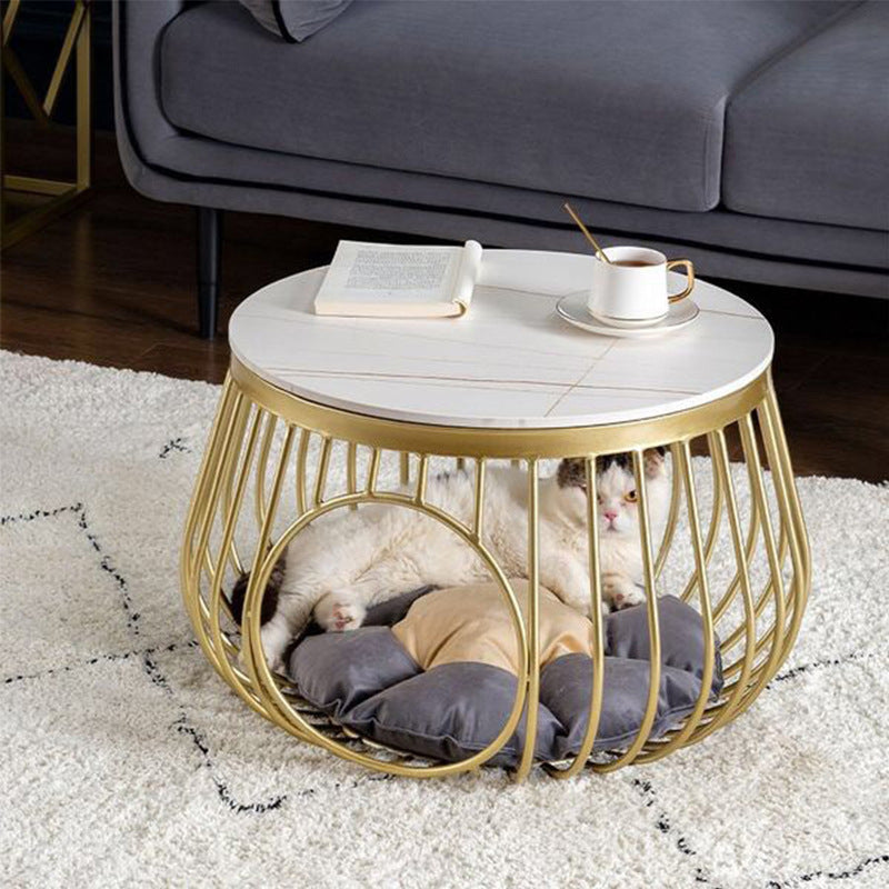 Glam Slate/Glass Top Coffee Table Dia 21.7" Frame Cocktail Table with Storage