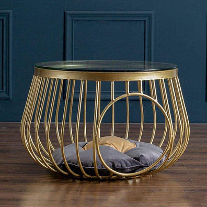Glam Slate/Glass Top Coffee Table Dia 21.7" Frame Cocktail Table with Storage