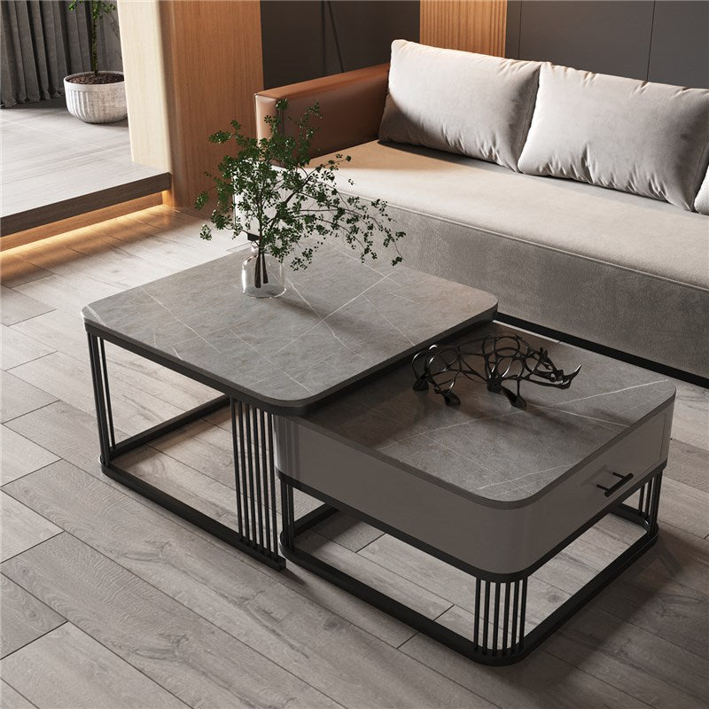 Square Nesting Coffee Table Set Slate Frame Coffee Cocktail Table with Drawer