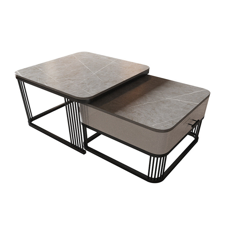 Square Nesting Coffee Table Set Slate Frame Coffee Cocktail Table with Drawer