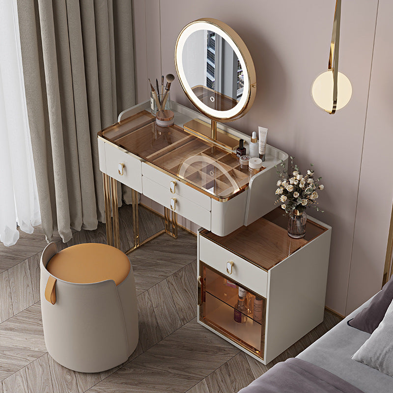 Vanity Mirrored Dressing Table Stool Set Glass Top Makeup Vanity