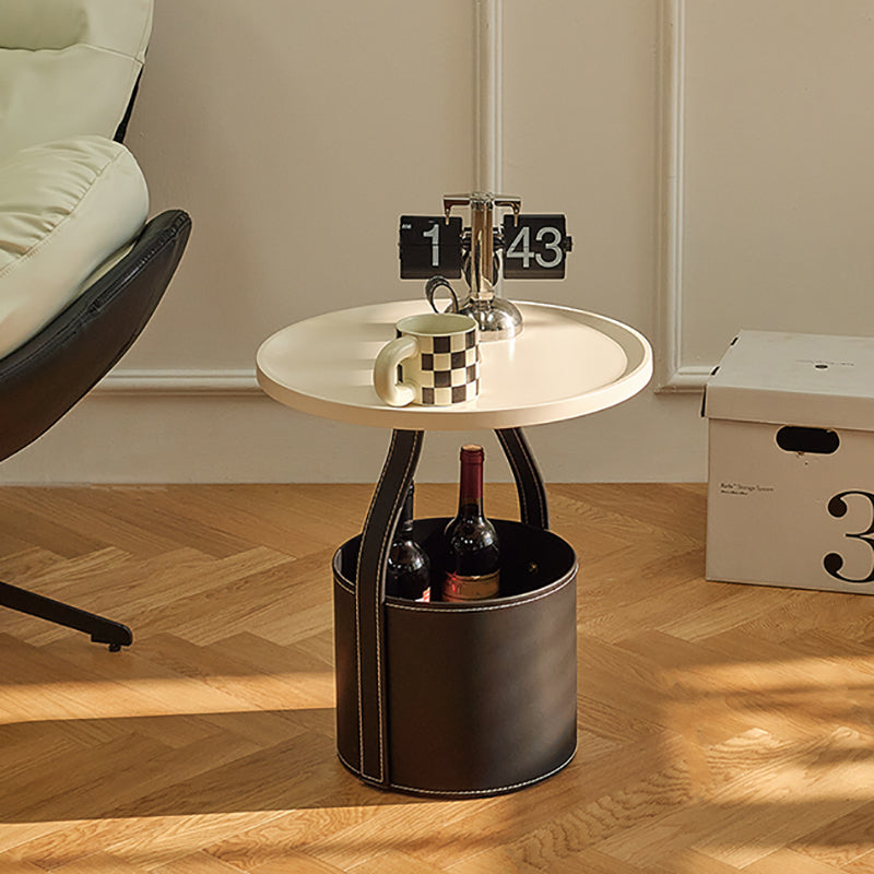Contemporary Round Side End Table Leather Pedestal End Table