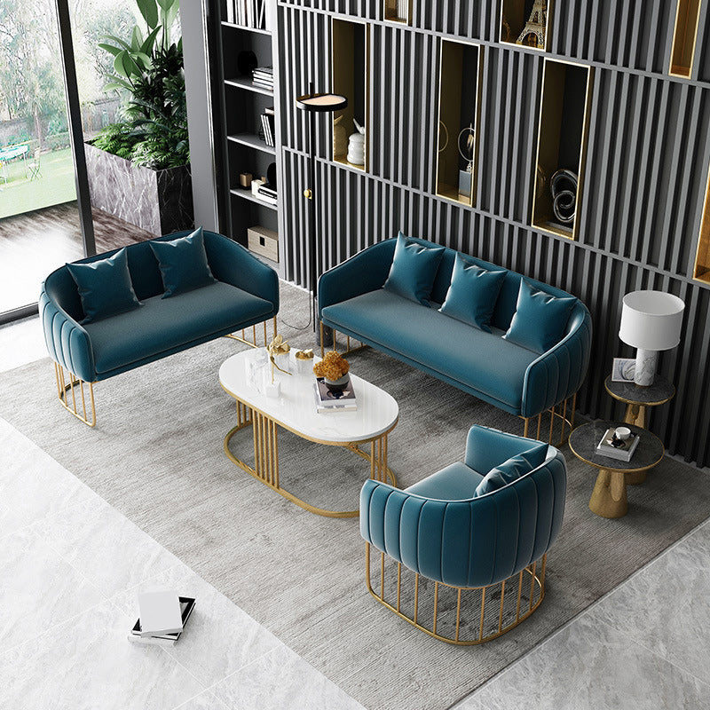 Contemporary Blue/Gray Sofa with Tuxedo Arm and Pillows for Apartment
