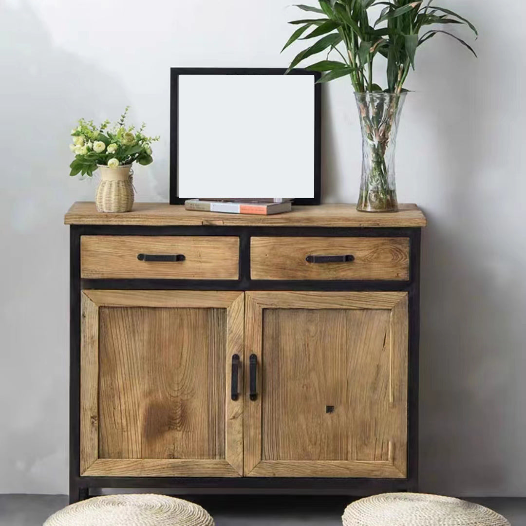 Distressed Wood 15.7" D Accent Cabinet Industrial Iron 2 - Door Chest with 2 Drawers