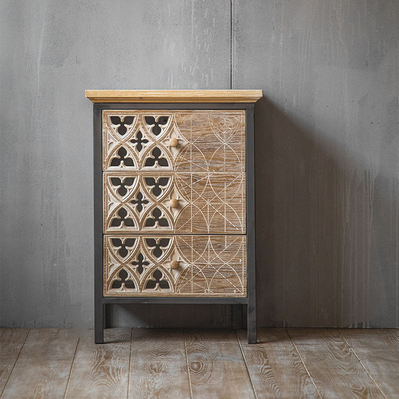 Metal and Distressed Wood Accent Cabinet Industrial Style Fretwork Chest