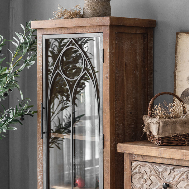 Distressed Brown Drawers Included Cabinet Glass Paned Wood & Iron Accent Cabinet