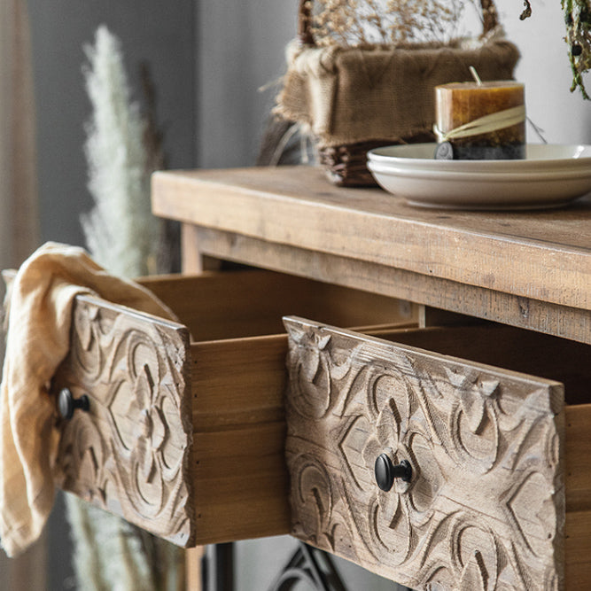 Distressed Brown Drawers Included Cabinet Glass Paned Wood & Iron Accent Cabinet