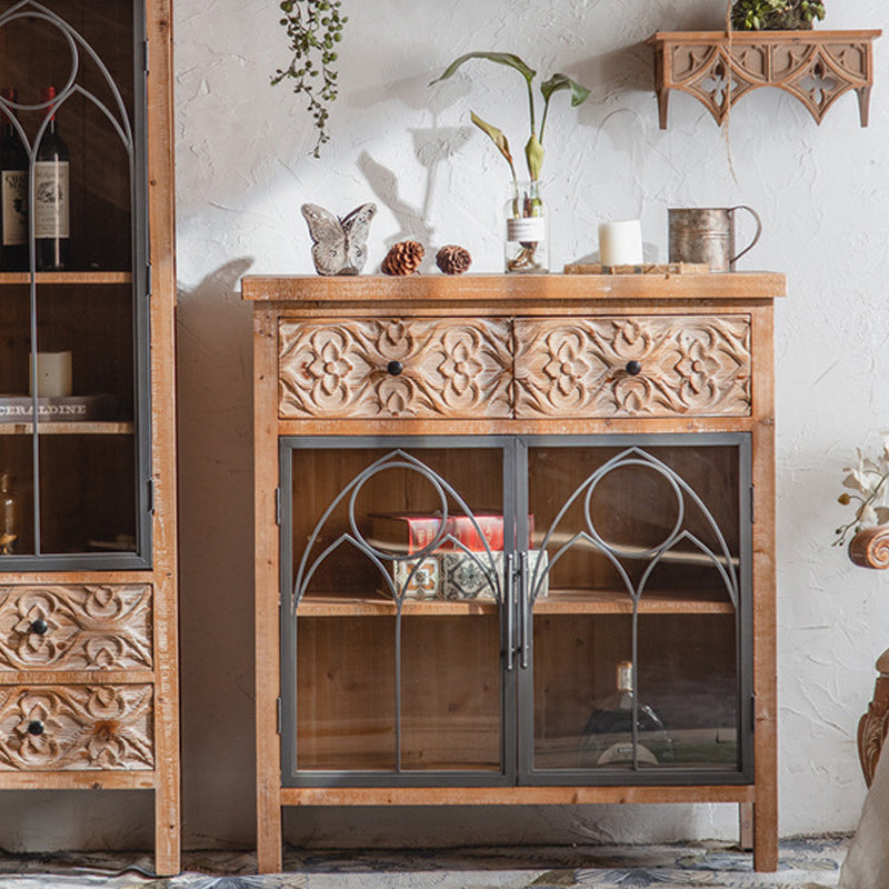 Distressed Brown Drawers Included Cabinet Glass Paned Wood & Iron Accent Cabinet