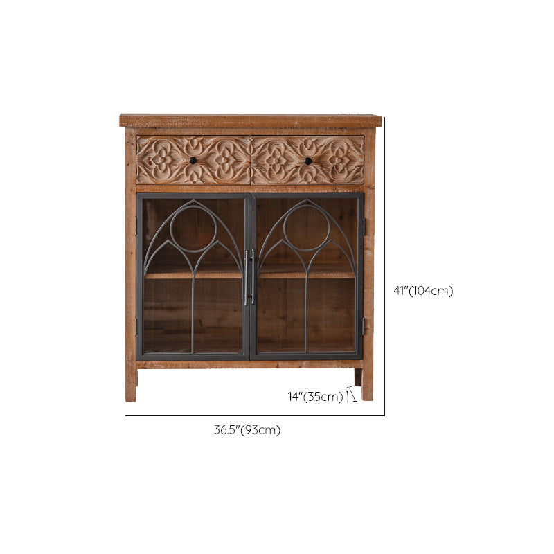 Distressed Brown Drawers Included Cabinet Glass Paned Wood & Iron Accent Cabinet