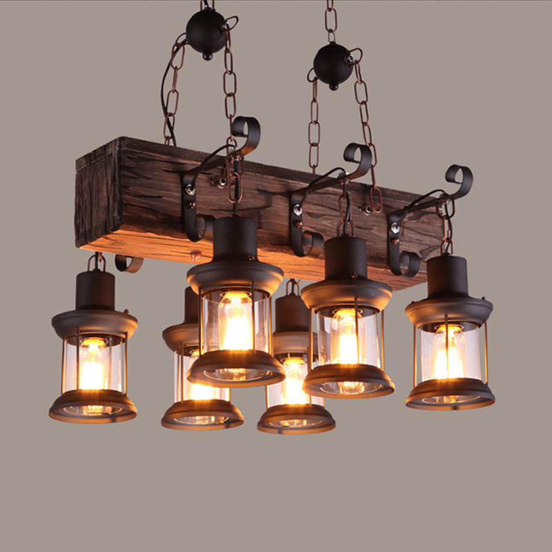 Rectangular Shape Pendant Light Modern Style Wood 6 Lights Hanging Lamp in Brown