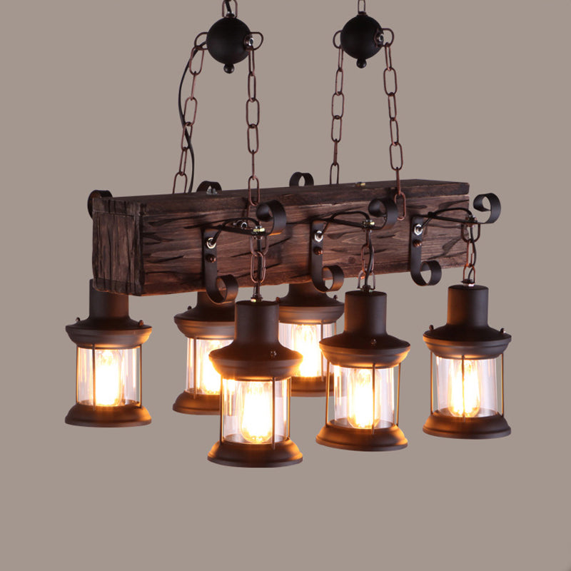 Rectangular Shape Pendant Light Modern Style Wood 6 Lights Hanging Lamp in Brown