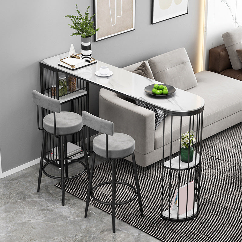 Modern Sintered Stone Bar Table Metal Base Dining Table with Storage Shelves
