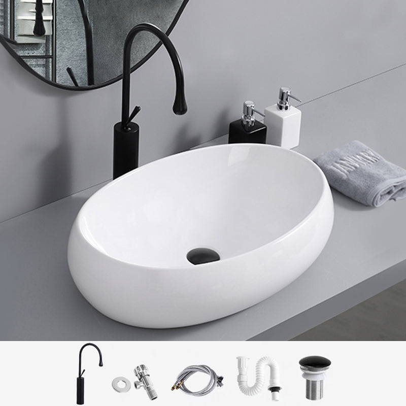 Contemporary Bathroom Sink with Single Faucet Hole Solid Color Oval-Shape Vessel Sink