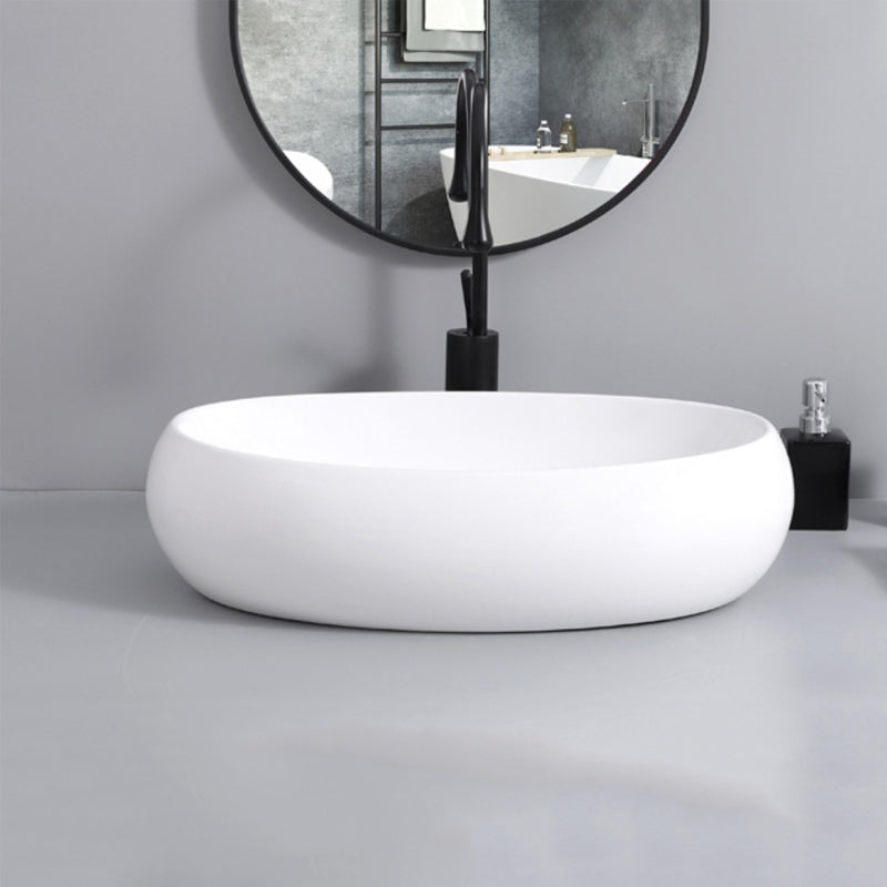 Contemporary Bathroom Sink with Single Faucet Hole Solid Color Oval-Shape Vessel Sink