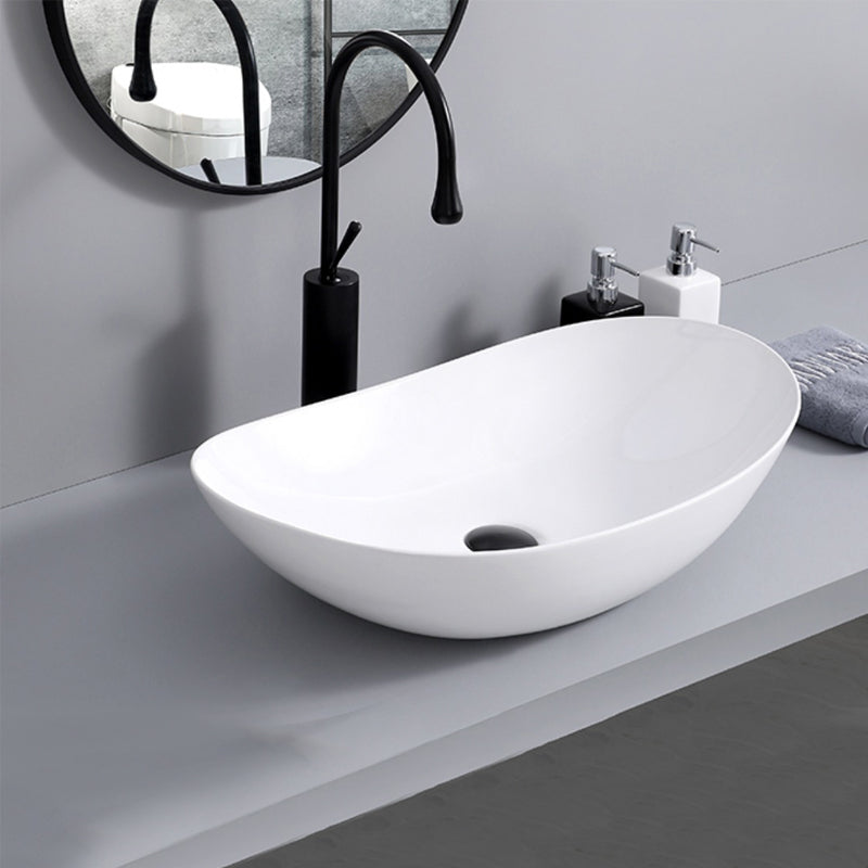 Contemporary Bathroom Sink with Single Faucet Hole Solid Color Oval-Shape Vessel Sink