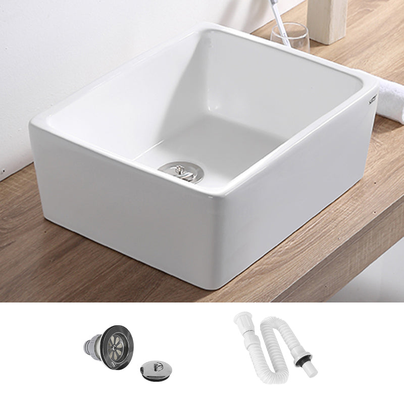 Contemporary Bathroom Sink Pop-Up Drain Porcelain Rectangular Vessel Lavatory Sink