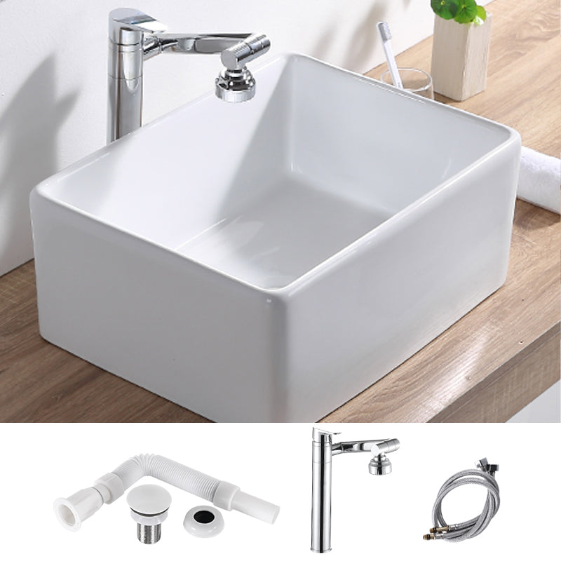 Contemporary Bathroom Sink Pop-Up Drain Porcelain Rectangular Vessel Lavatory Sink