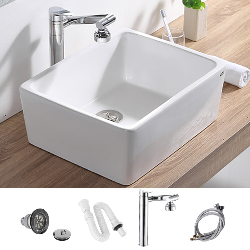 Contemporary Bathroom Sink Pop-Up Drain Porcelain Rectangular Vessel Lavatory Sink