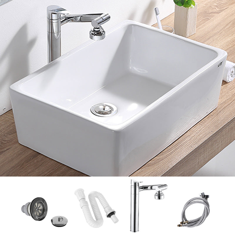 Contemporary Bathroom Sink Pop-Up Drain Porcelain Rectangular Vessel Lavatory Sink