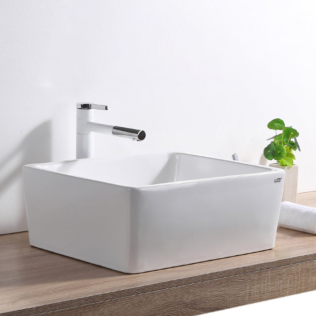 Contemporary Bathroom Sink Pop-Up Drain Porcelain Rectangular Vessel Lavatory Sink