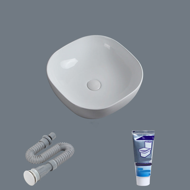 Modern Bathroom Sink Porcelain Solid Color Rectangular Vessel Sink with Pop-Up Drain