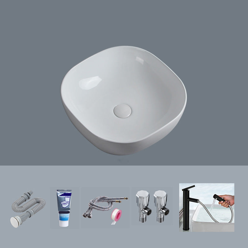 Modern Bathroom Sink Porcelain Solid Color Rectangular Vessel Sink with Pop-Up Drain