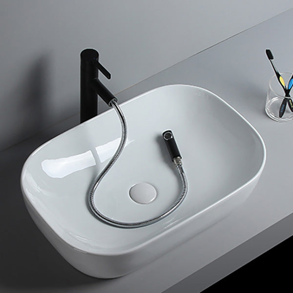 Modern Bathroom Sink Porcelain Solid Color Rectangular Vessel Sink with Pop-Up Drain