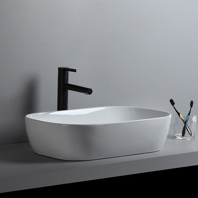 Modern Bathroom Sink Porcelain Solid Color Rectangular Vessel Sink with Pop-Up Drain