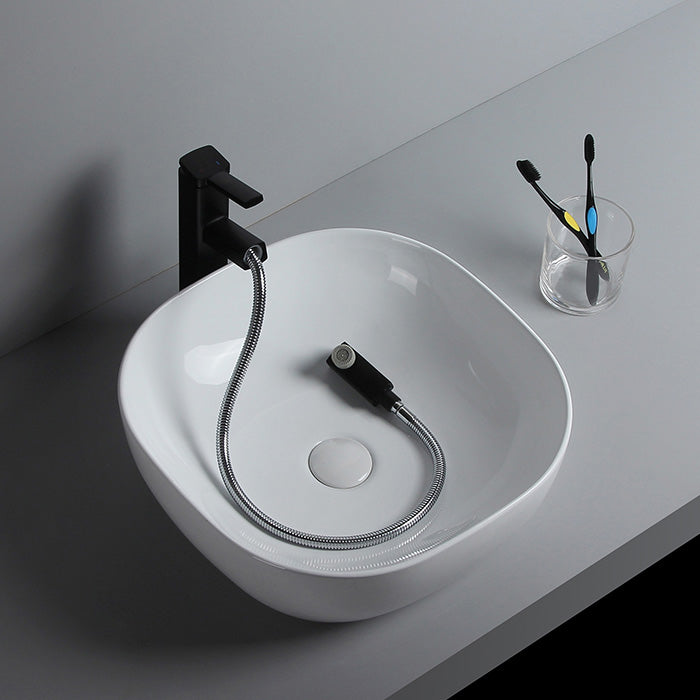 Modern Bathroom Sink Porcelain Solid Color Rectangular Vessel Sink with Pop-Up Drain