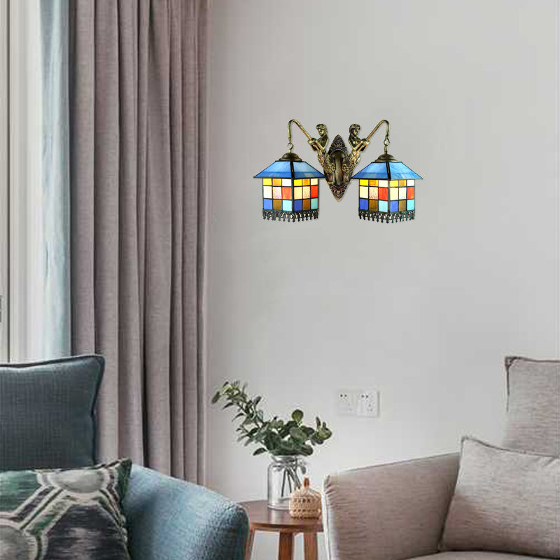 House Wall Light Fixture Tiffany Multicolor Stained Glass 2 Heads Clear/Blue Sconce Lighting