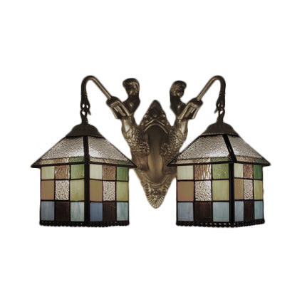 House Wall Light Fixture Tiffany Multicolor Stained Glass 2 Heads Clear/Blue Sconce Lighting