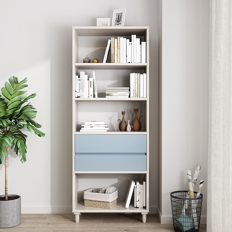 Modern Open Back Bookcase Wooden Bookshelf with 2 Drawers for Bedroom