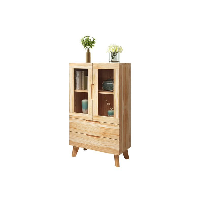 Pine Wood Glass Paned Accent Cabinet 47.6" Tall Natural Storage Chest