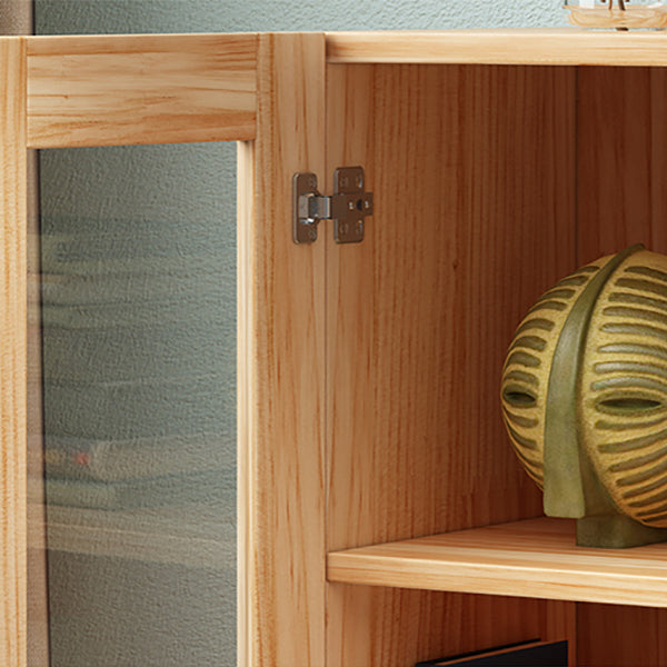 Pine Wood Glass Paned Accent Cabinet 47.6" Tall Natural Storage Chest