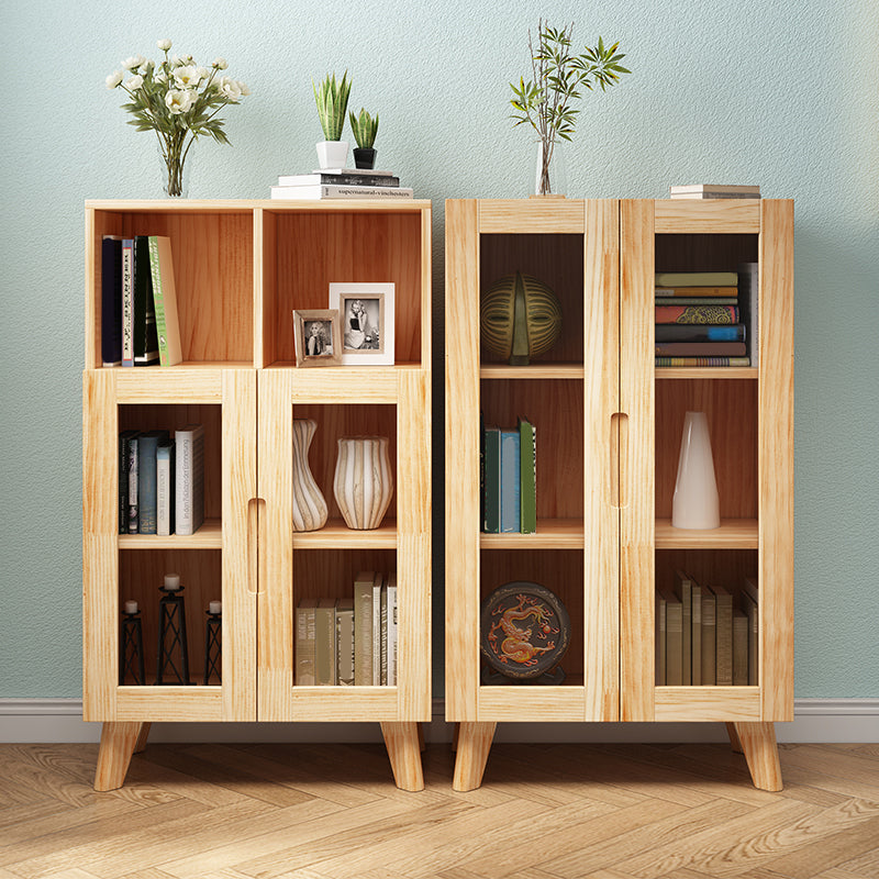 Pine Wood Glass Paned Accent Cabinet 47.6" Tall Natural Storage Chest