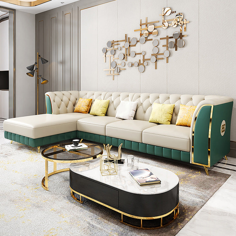 Genuine Leather Luxurious Sectional Tufted Back Sofa & Chaise with 5 Pillows