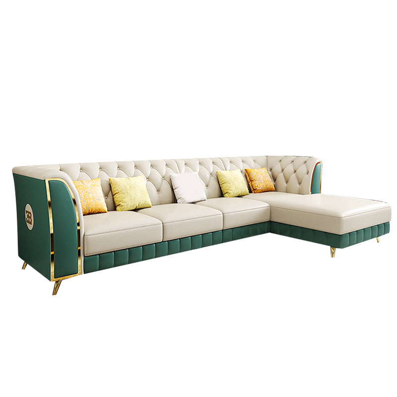 Genuine Leather Luxurious Sectional Tufted Back Sofa & Chaise with 5 Pillows